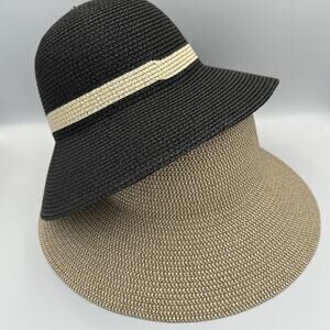 Lot of 2 Magid Hats Solid Beige Tan &‎ Black Cream Band Sun Dress Hat Wide Brim